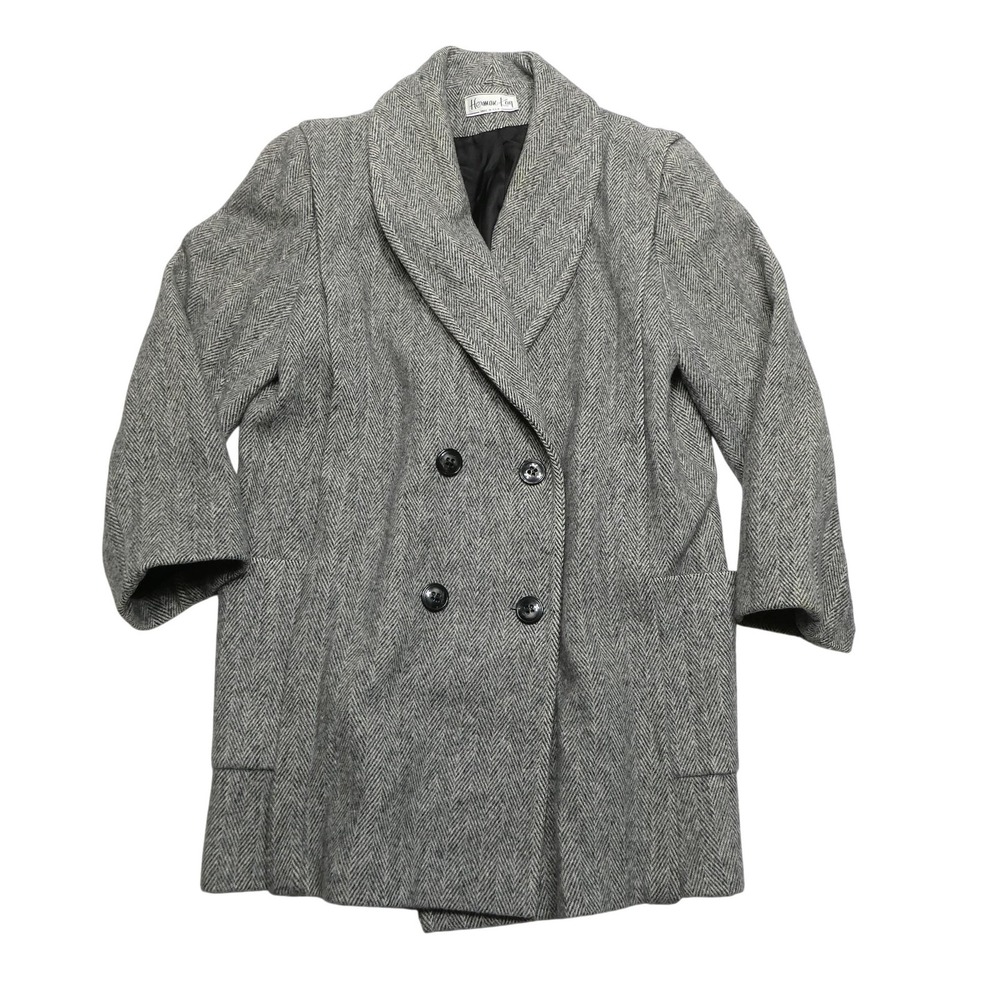 Herman Kay Coat Womens Medium Gray Wool Herringbone Pea Coat Made USA Tweed